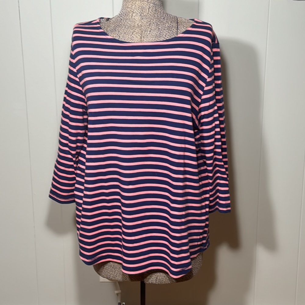 Studio Works Womens XL Navy Blue and Pink Stripe Blouse 3/4 Sleeves